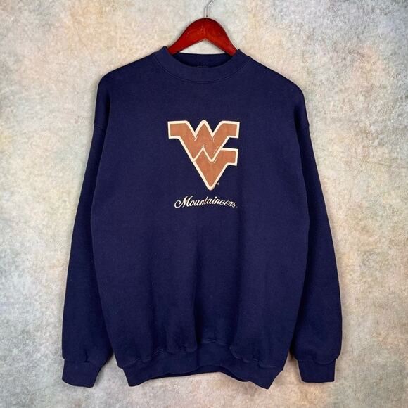 VTG 90s West Virginia Mountaineers Sweatshirt Sz L Navy College Pullover Crew - Picture 1 of 8